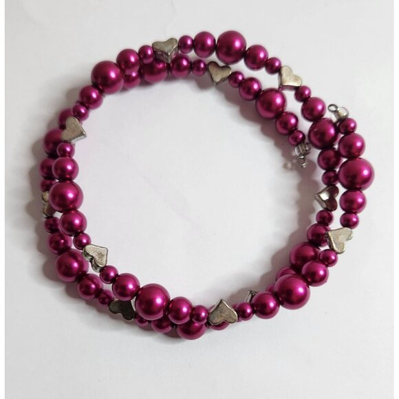 Pink bead and silver tone Heart Beaded Choker Necklace/Bracelet Valentines - Picture 2 of 3